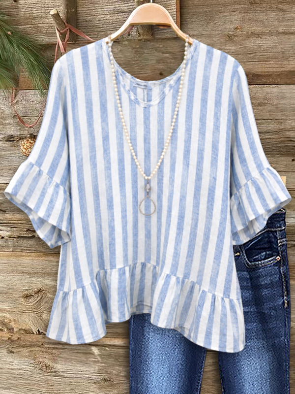 Blue Stripe Ruffled Sleeve Peplum Blouse