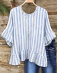 Blue Stripe Ruffled Sleeve Peplum Blouse