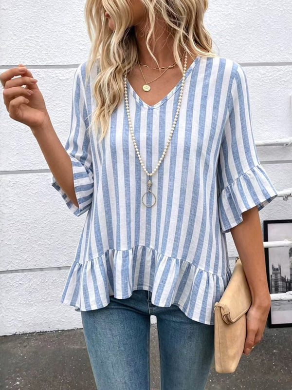 Blue Stripe Ruffled Sleeve Peplum Blouse