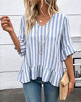 Blue Stripe Ruffled Sleeve Peplum Blouse