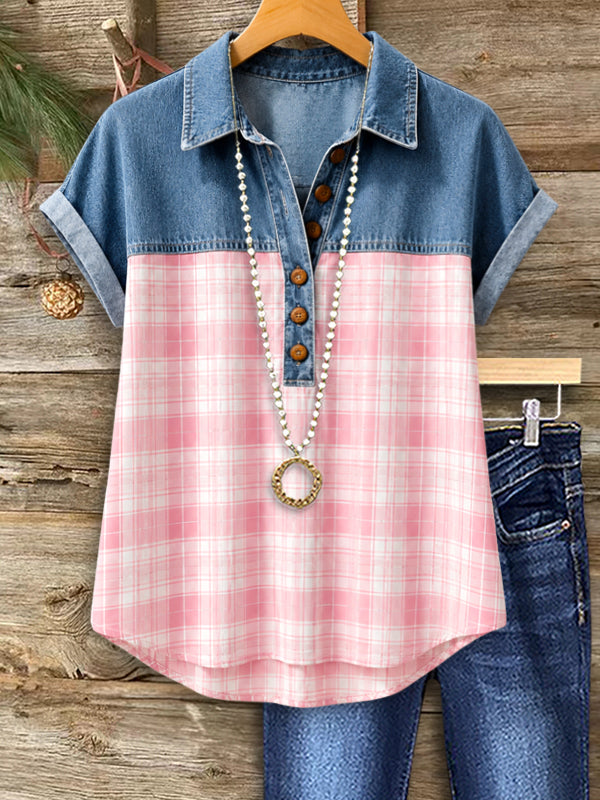 Sweetheart Denim Plaid Top