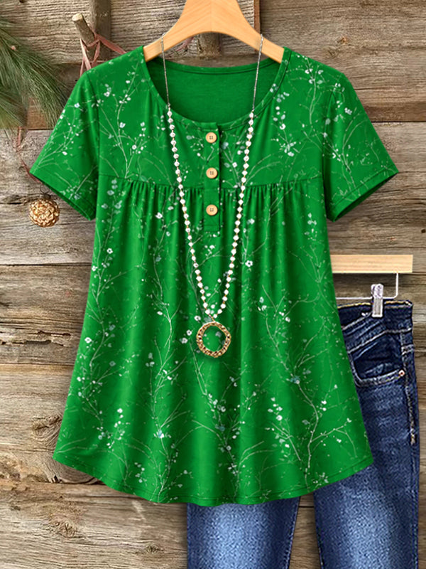 Green Floral Henley Babydoll Top