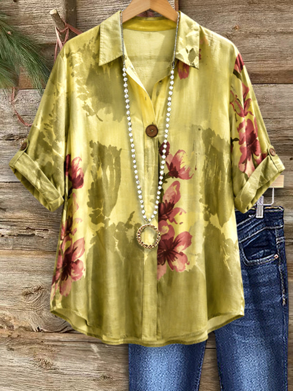 Olive Bloom Roll-Tab Shirt