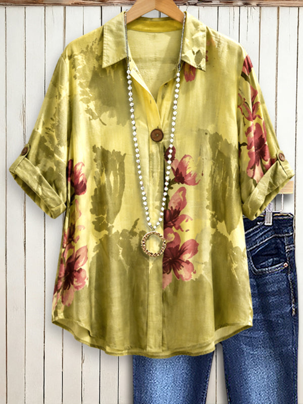 Olive Bloom Roll-Tab Shirt