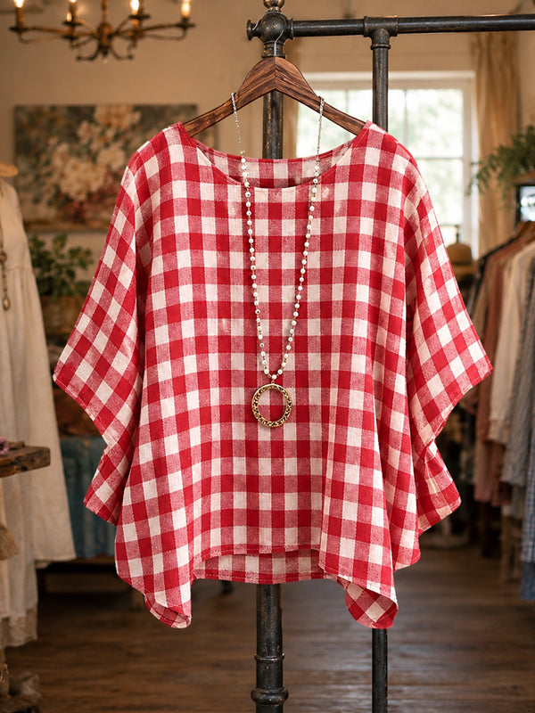 Picnic Day Check Batwing-Sleeve Top