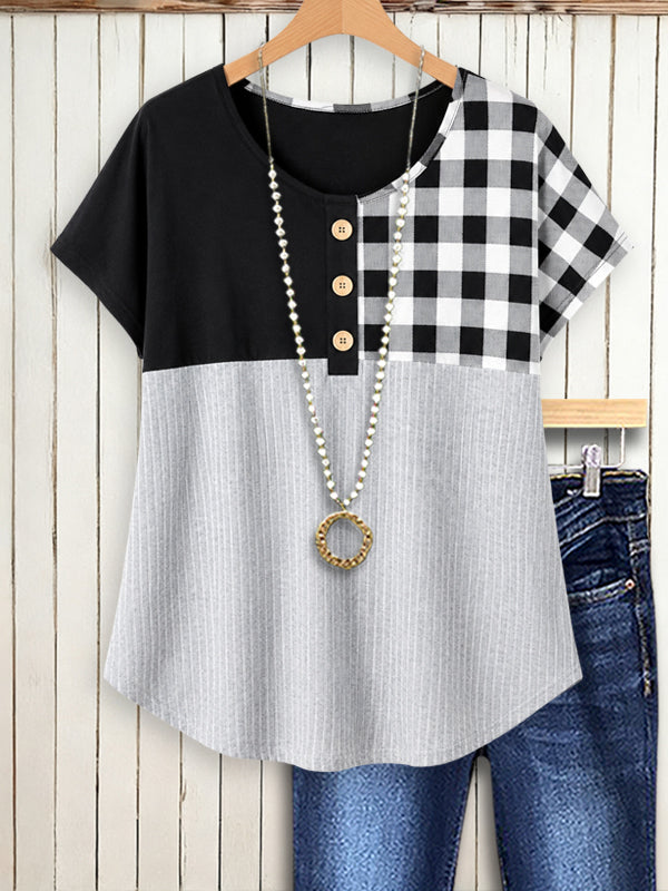 Black &amp; Plaid Colorblock Henley Top