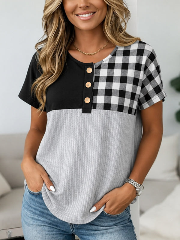 Black &amp; Plaid Colorblock Henley Top