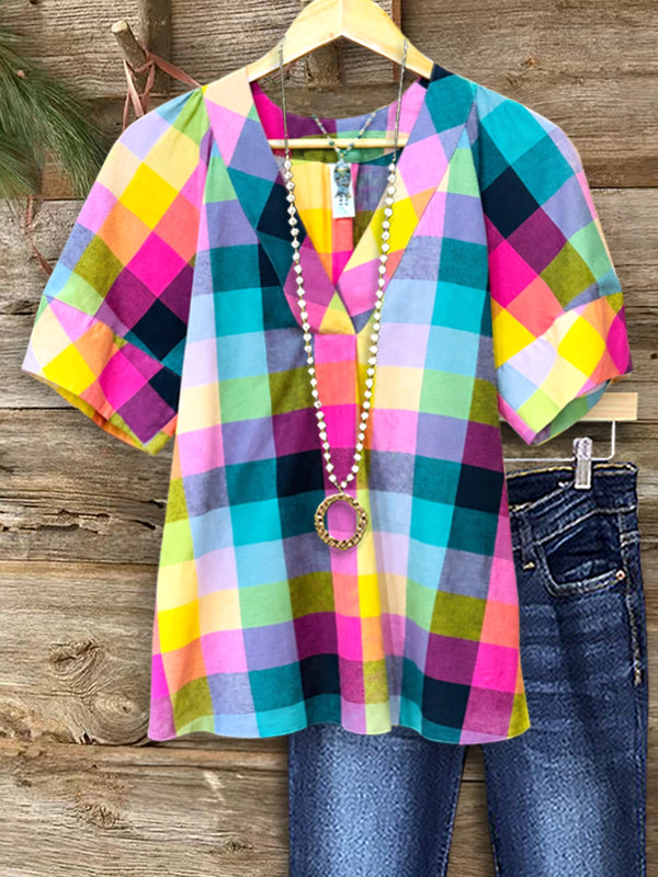 Rainbow Picnic V-Neck Blouse