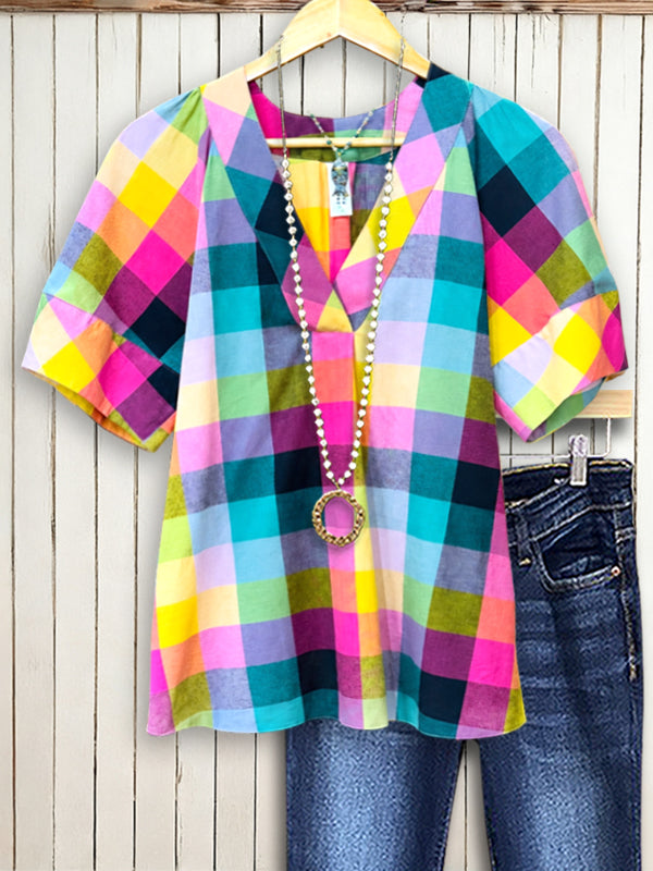 Rainbow Picnic V-Neck Blouse