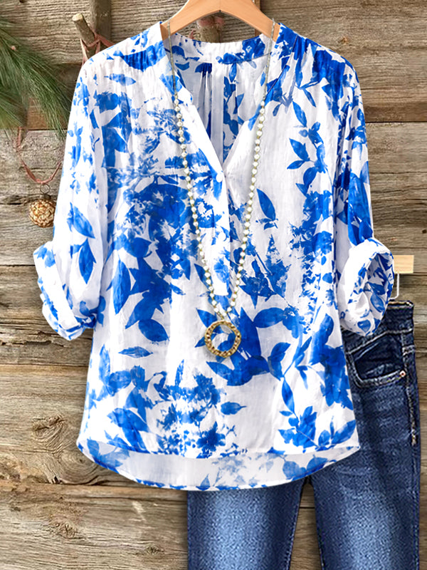 Coastal Bloom V-Neck Blouse