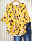 Golden Garden Pleated V-Neck Blouse