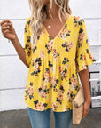 Golden Garden Pleated V-Neck Blouse