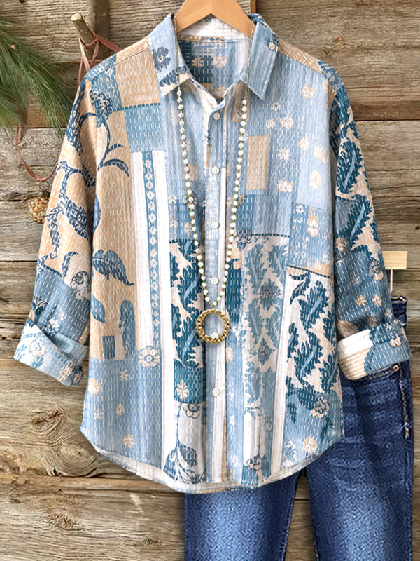 Blue Patchwork Textured Button-Up Shirt