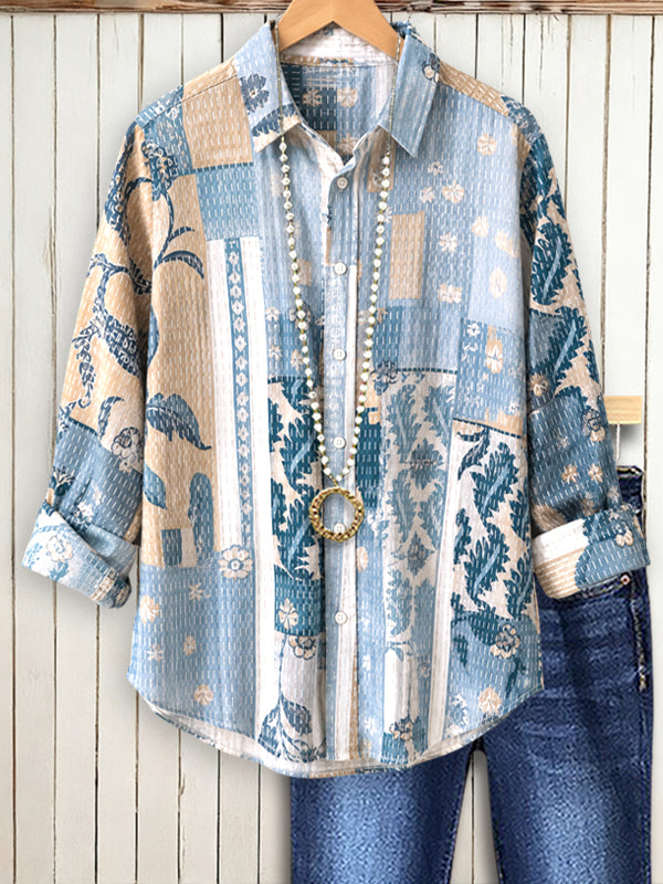 Blue Patchwork Textured Button-Up Shirt