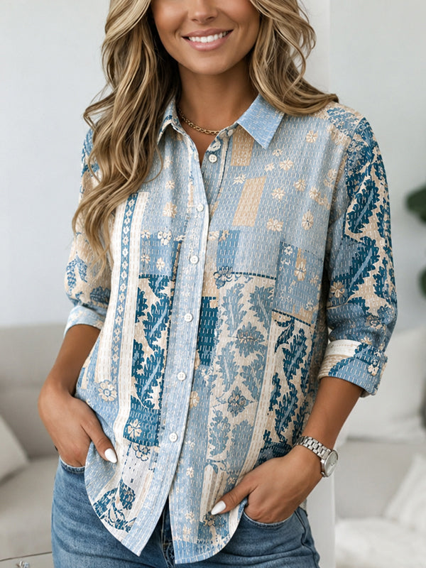 Blue Patchwork Textured Button-Up Shirt