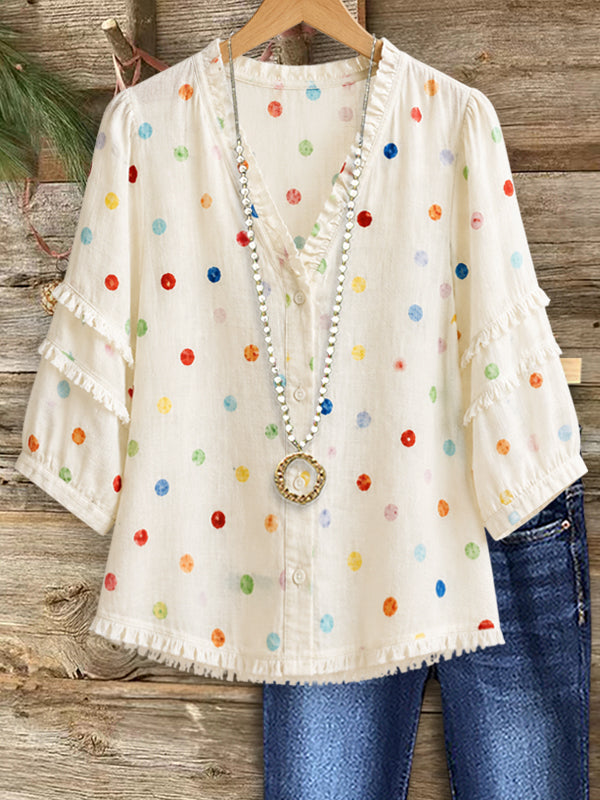 Rainbow Dot Ruffle V-Neck Blouse
