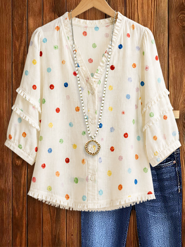 Rainbow Dot Ruffle V-Neck Blouse