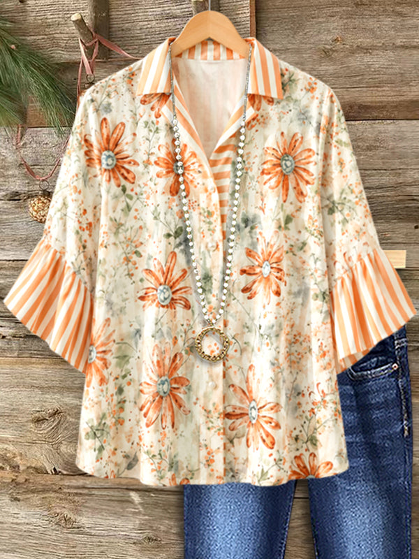 Vintage Floral Stripe Sleeve Button Shirt