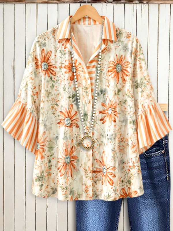 Vintage Floral Stripe Sleeve Button Shirt