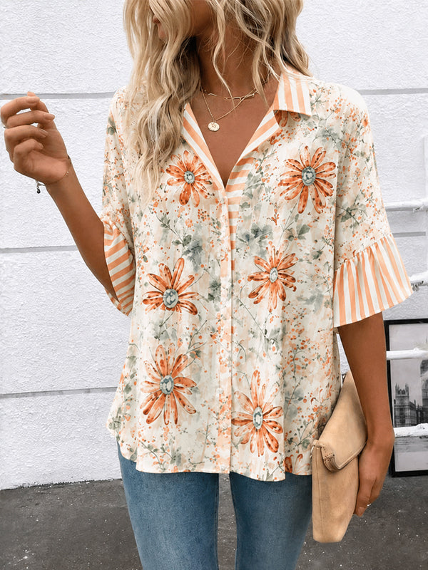 Vintage Floral Stripe Sleeve Button Shirt