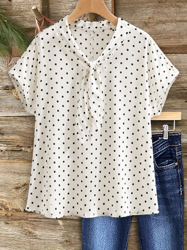 Classic Polka Dot Tie-Neck Blouse