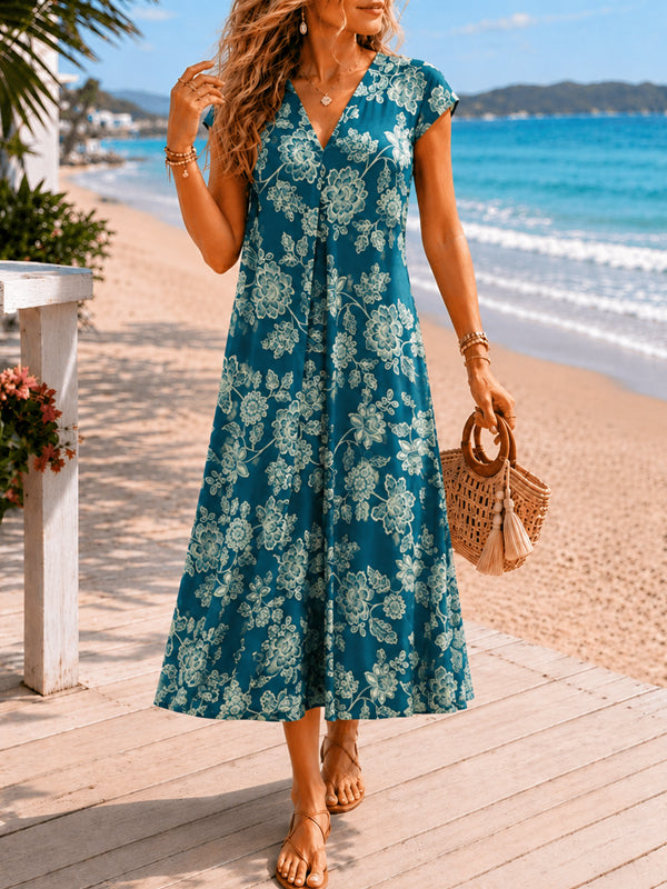 Ocean Bloom Faux Wrap Floral Dress