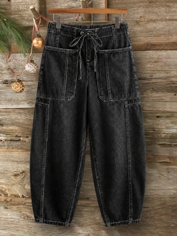 Washed Denim Drawstring Pocket Jeans