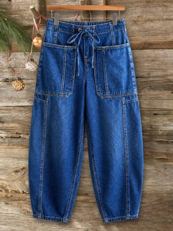 Washed Denim Drawstring Pocket Jeans