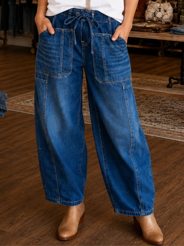 Washed Denim Drawstring Pocket Jeans