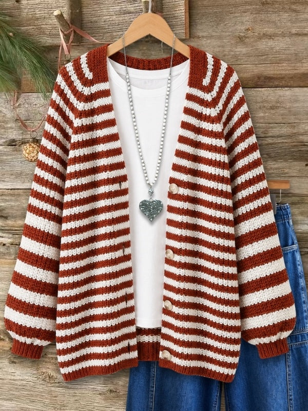 Striped Puff Sleeve V-Neck Knit Cardigan