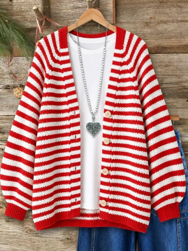 Striped Puff Sleeve V-Neck Knit Cardigan