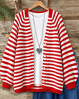 Striped Puff Sleeve V-Neck Knit Cardigan