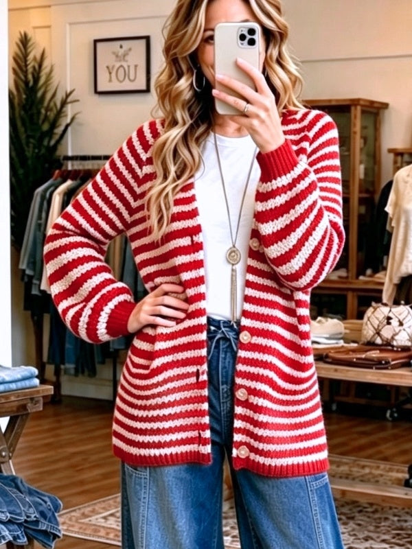 Striped Puff Sleeve V-Neck Knit Cardigan