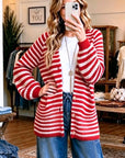 Striped Puff Sleeve V-Neck Knit Cardigan