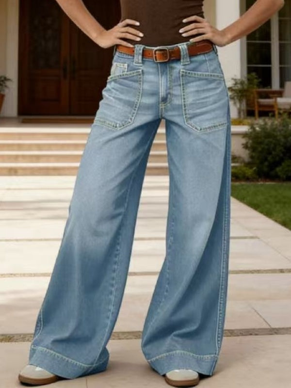 Wide Leg Patch Pocket Denim Jeans