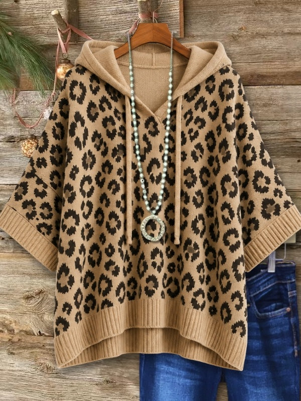 Leopard Print Hooded Knit Tunic Top