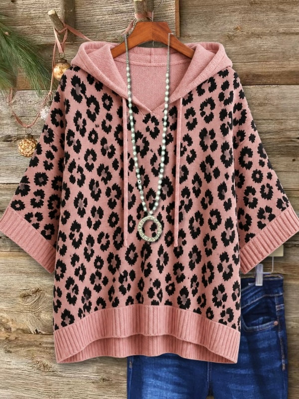 Leopard Print Hooded Knit Tunic Top