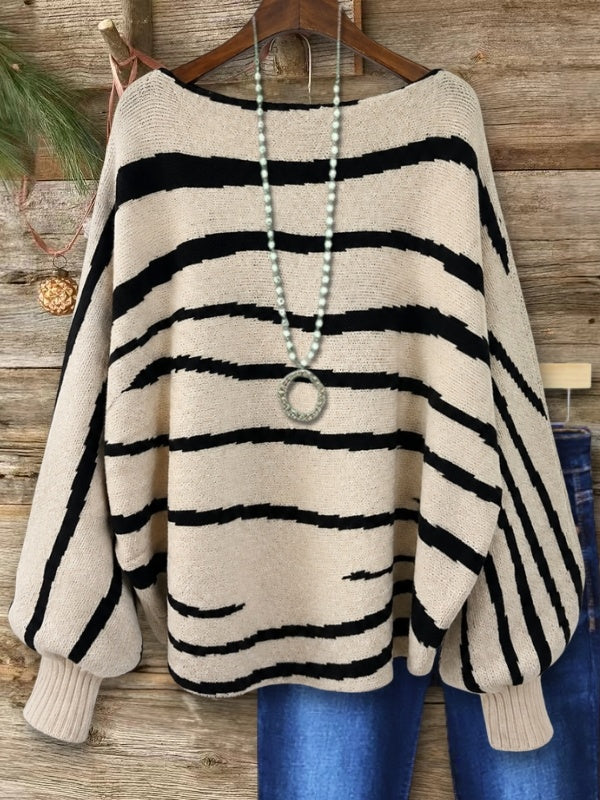 Striped Boat Neck Balloon Sleeve Sweater