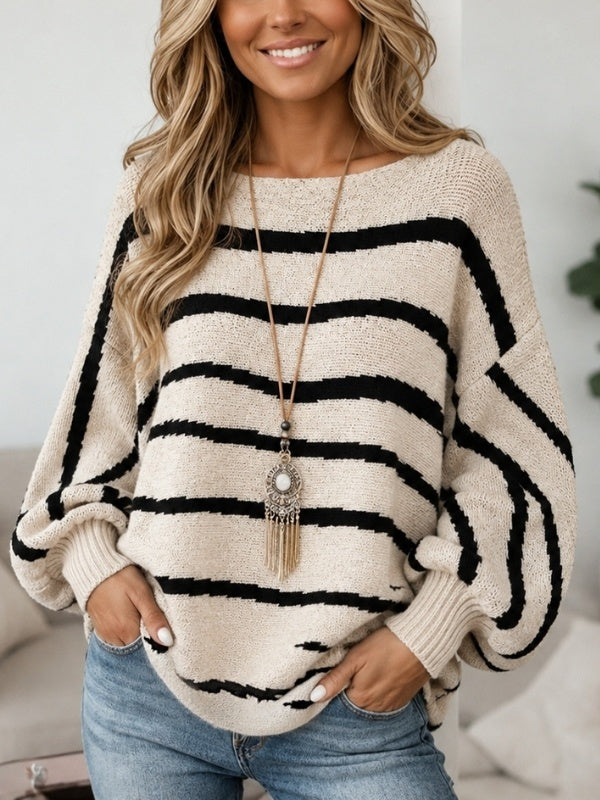 Striped Boat Neck Balloon Sleeve Sweater
