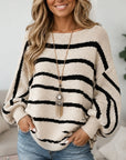 Striped Boat Neck Balloon Sleeve Sweater