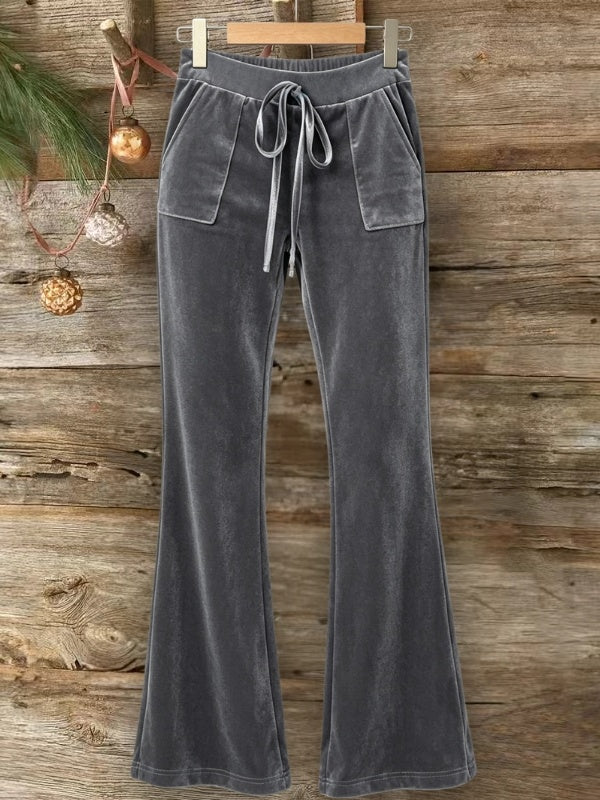 Velour Drawstring Flare Pants with Pockets