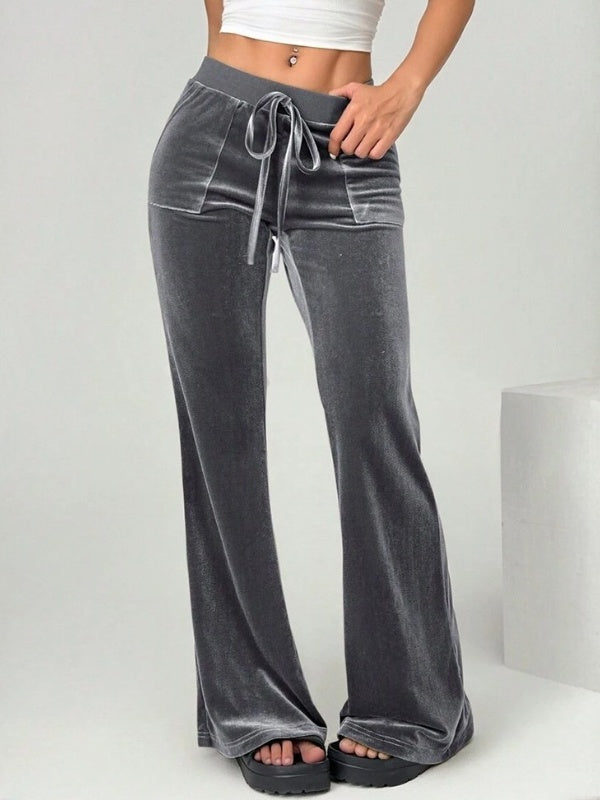 Velour Drawstring Flare Pants with Pockets