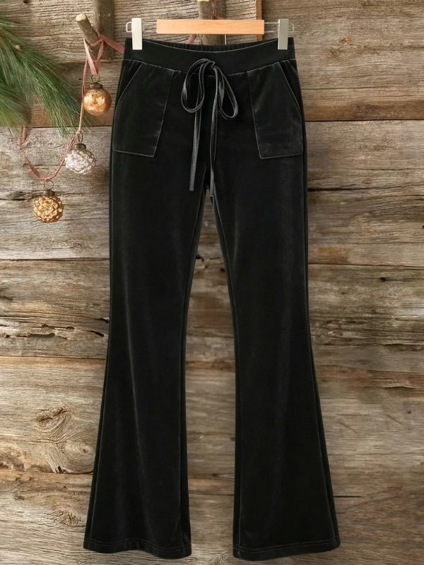 Velour Drawstring Flare Pants with Pockets