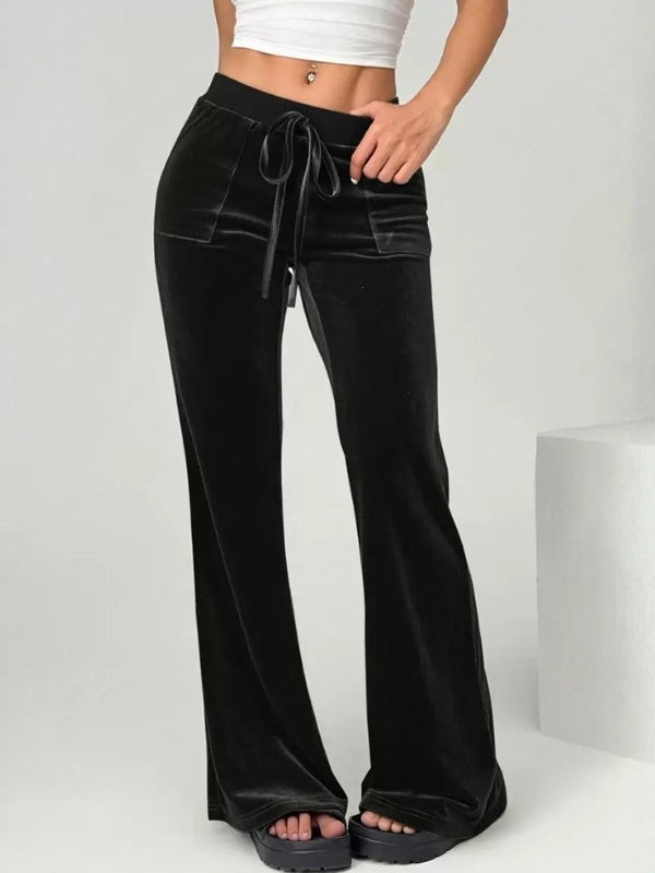 Velour Drawstring Flare Pants with Pockets