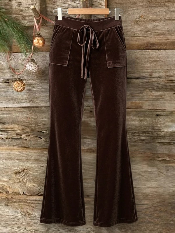 Velour Drawstring Flare Pants with Pockets
