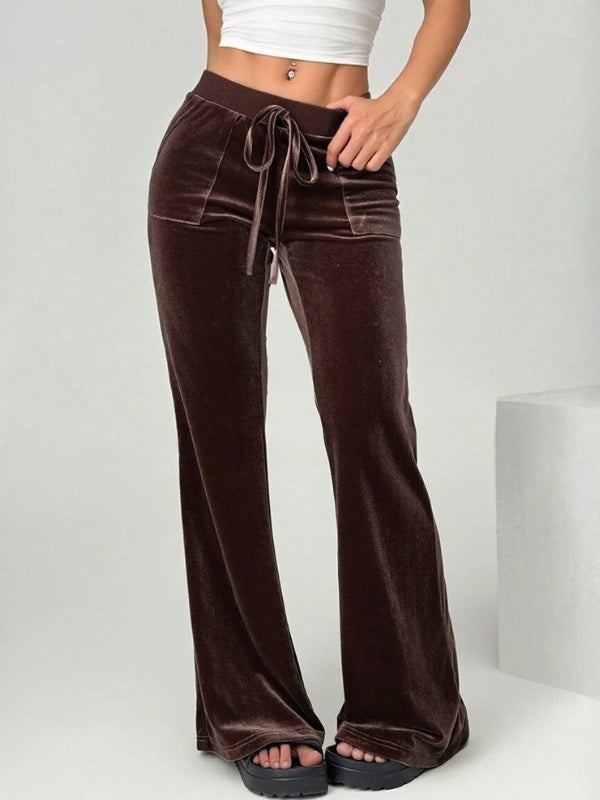 Velour Drawstring Flare Pants with Pockets