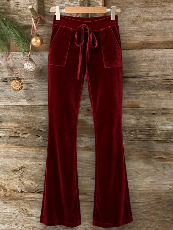 Velour Drawstring Flare Pants with Pockets