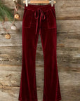 Velour Drawstring Flare Pants with Pockets