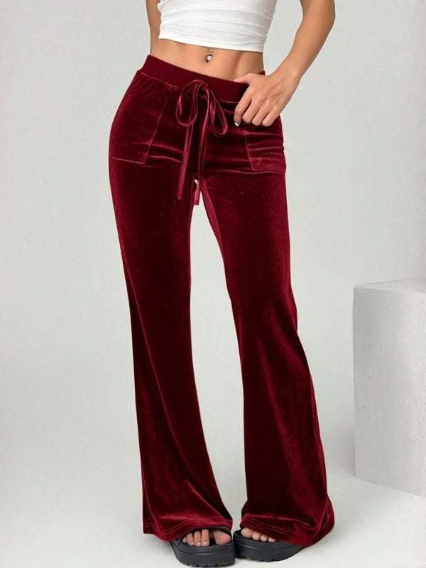 Velour Drawstring Flare Pants with Pockets