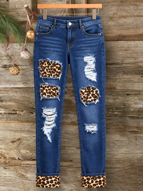 Leopard Patchwork Distressed Stretch Skinny Jeans